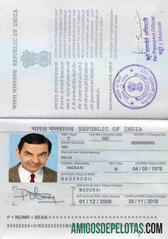 Passaporte da Índia exemplo real